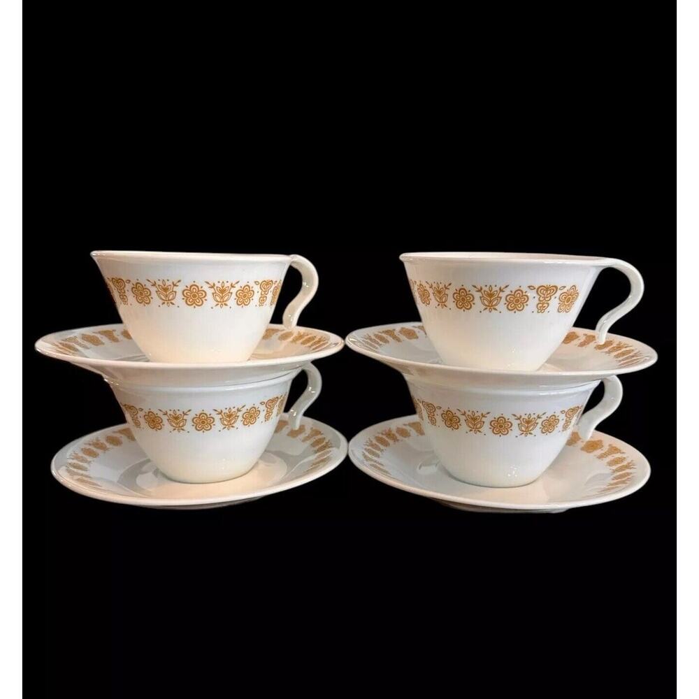 Set of 4 Corelle Gold Butterfly Coffee Cups and Saucers 8pc cottagecore